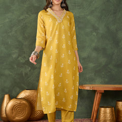 Women's Rayon Embroidered & Printed Straight Kurta Pant & Taby Dupatta Set