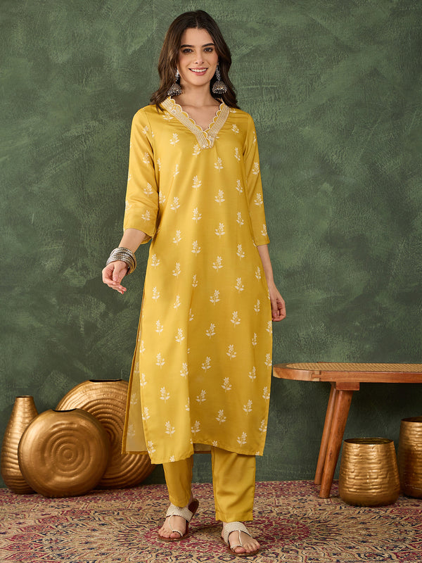 Women's Rayon Embroidered & Printed Straight Kurta Pant & Taby Dupatta Set