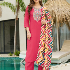 Women's Rayon Embroidered Straight Kurta Pant & Art Silk Dupatta Set