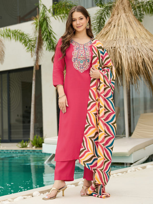 Women's Rayon Embroidered Straight Kurta Pant & Art Silk Dupatta Set