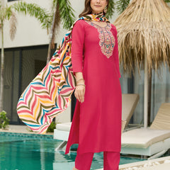 Women's Rayon Embroidered Straight Kurta Pant & Art Silk Dupatta Set