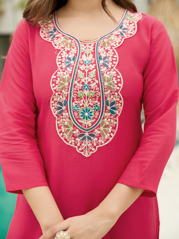 Women's Rayon Embroidered Straight Kurta Pant & Art Silk Dupatta Set