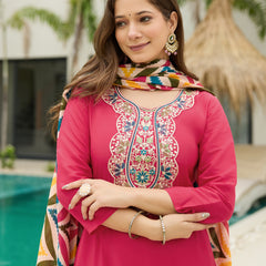 Women's Rayon Embroidered Straight Kurta Pant & Art Silk Dupatta Set