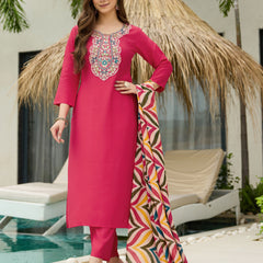 Women's Rayon Embroidered Straight Kurta Pant & Art Silk Dupatta Set