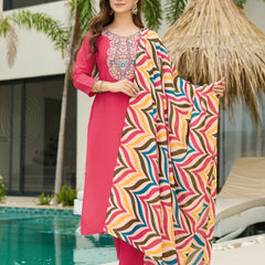 Women's Rayon Embroidered Straight Kurta Pant & Art Silk Dupatta Set