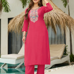 Women's Rayon Embroidered Straight Kurta Pant & Art Silk Dupatta Set