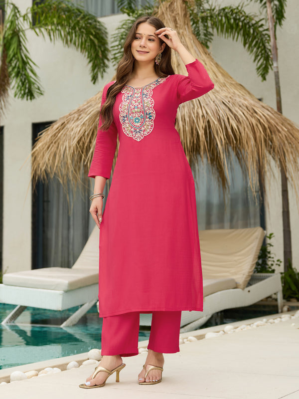 Women's Rayon Embroidered Straight Kurta Pant & Art Silk Dupatta Set