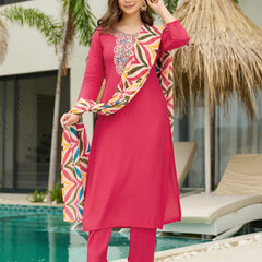 Women's Rayon Embroidered Straight Kurta Pant & Art Silk Dupatta Set