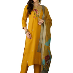 Women's Rayon Embroidered Straight Kurta Pant & Organza Dupatta Set