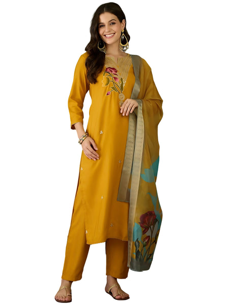 Women's Rayon Embroidered Straight Kurta Pant & Organza Dupatta Set