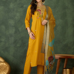 Women's Rayon Embroidered Straight Kurta Pant & Organza Dupatta Set