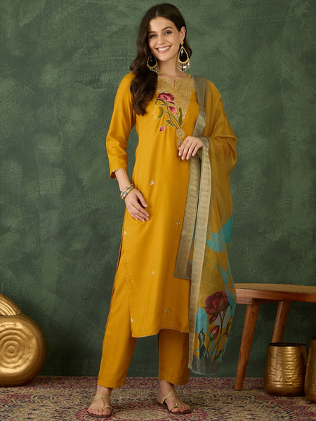Women's Rayon Embroidered Straight Kurta Pant & Organza Dupatta Set