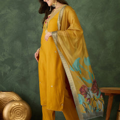 Women's Rayon Embroidered Straight Kurta Pant & Organza Dupatta Set