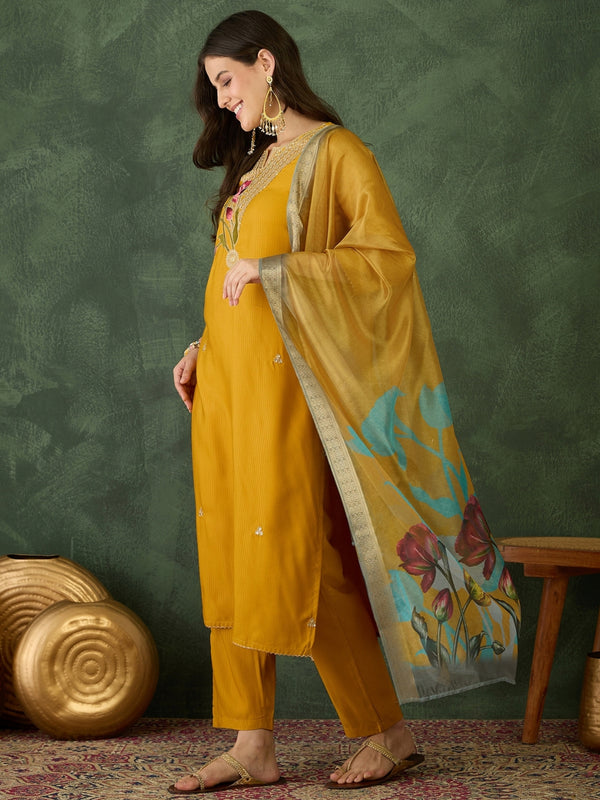 Women's Rayon Embroidered Straight Kurta Pant & Organza Dupatta Set