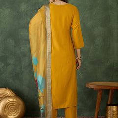 Women's Rayon Embroidered Straight Kurta Pant & Organza Dupatta Set