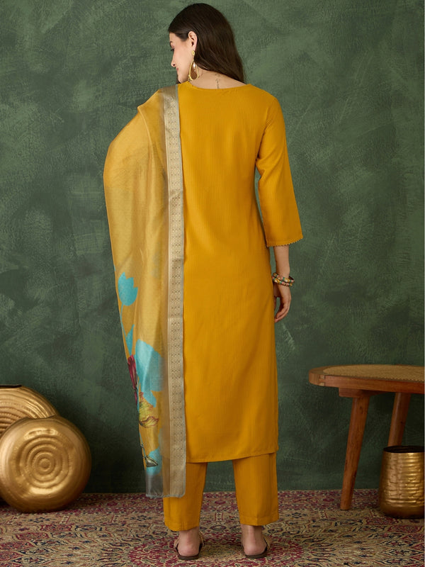 Women's Rayon Embroidered Straight Kurta Pant & Organza Dupatta Set