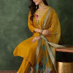 Women's Rayon Embroidered Straight Kurta Pant & Organza Dupatta Set