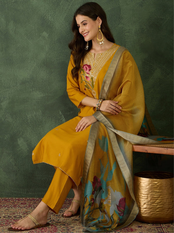 Women's Rayon Embroidered Straight Kurta Pant & Organza Dupatta Set