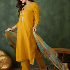 Women's Rayon Embroidered Straight Kurta Pant & Organza Dupatta Set