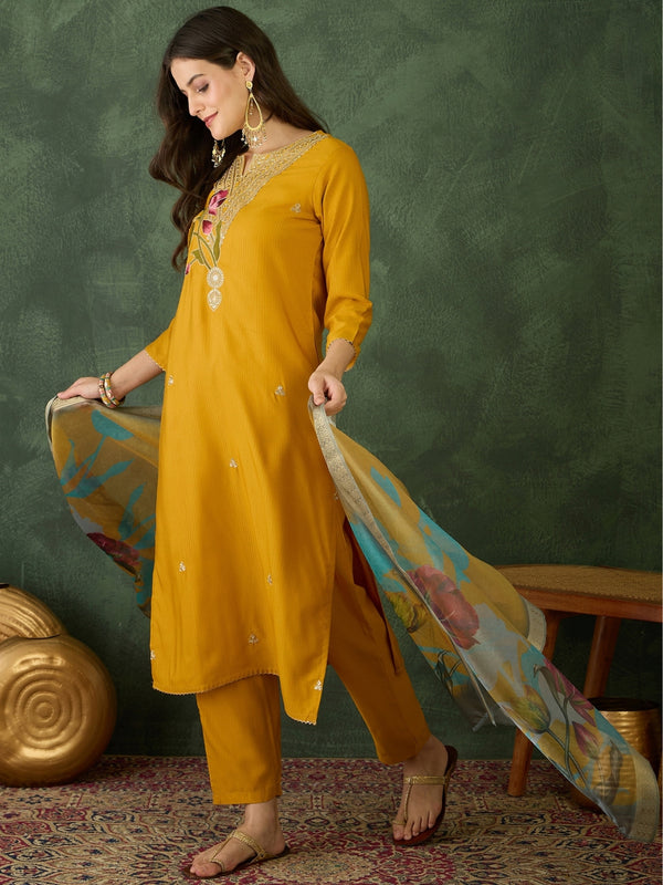 Women's Rayon Embroidered Straight Kurta Pant & Organza Dupatta Set