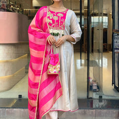 Women's Embroidered Silk Flared Kurta with Pant & Jacquard Jari Dupatta Set