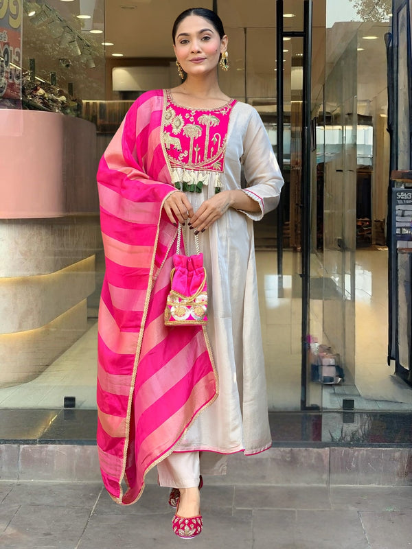 Women's Embroidered Silk Flared Kurta with Pant & Jacquard Jari Dupatta Set