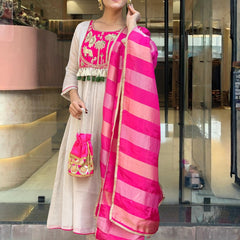 Women's Embroidered Silk Flared Kurta with Pant & Jacquard Jari Dupatta Set