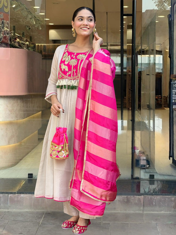 Women's Embroidered Silk Flared Kurta with Pant & Jacquard Jari Dupatta Set