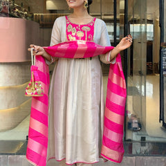 Women's Embroidered Silk Flared Kurta with Pant & Jacquard Jari Dupatta Set