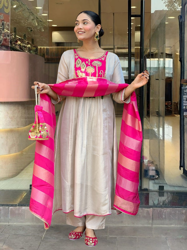 Women's Embroidered Silk Flared Kurta with Pant & Jacquard Jari Dupatta Set