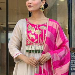 Women’s Silk Embroidered Flared Kurta Pant & Dupatta Set