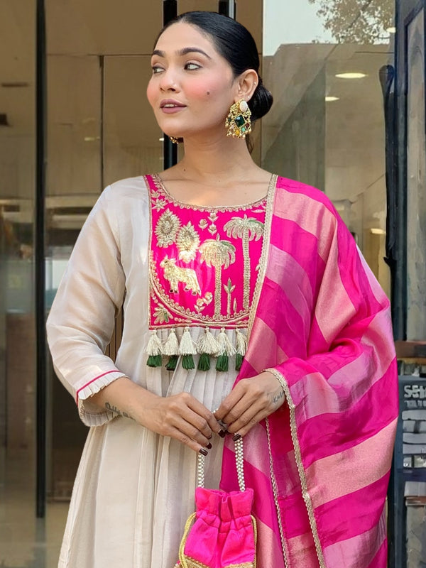 Women’s Silk Embroidered Flared Kurta Pant & Dupatta Set