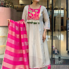 Women's Embroidered Silk Flared Kurta with Pant & Jacquard Jari Dupatta Set