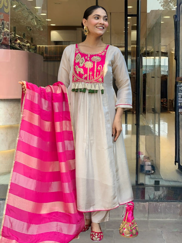 Women's Embroidered Silk Flared Kurta with Pant & Jacquard Jari Dupatta Set
