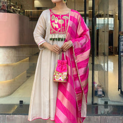 Women’s Silk Embroidered Flared Kurta Pant & Dupatta Set