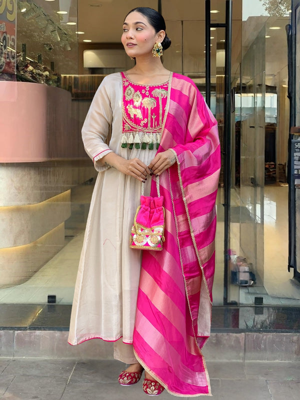 Women’s Silk Embroidered Flared Kurta Pant & Dupatta Set