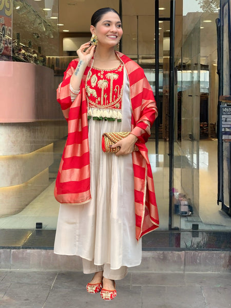 Women’s Silk Embroidered Flared Kurta Pant & Dupatta Set