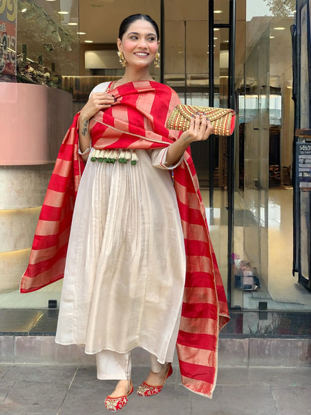 Women’s Silk Embroidered Flared Kurta Pant & Dupatta Set