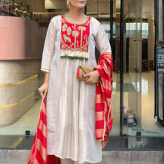 Women’s Silk Embroidered Flared Kurta Pant & Dupatta Set