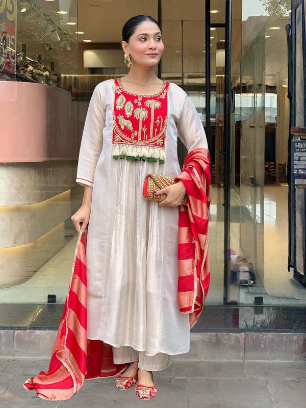 Women’s Silk Embroidered Flared Kurta Pant & Dupatta Set