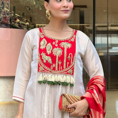 Women’s Silk Embroidered Flared Kurta Pant & Dupatta Set