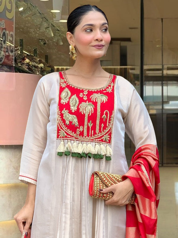 Women’s Silk Embroidered Flared Kurta Pant & Dupatta Set