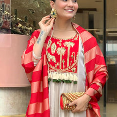 Women’s Silk Embroidered Flared Kurta Pant & Dupatta Set