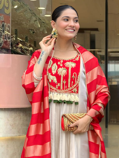 Women’s Silk Embroidered Flared Kurta Pant & Dupatta Set