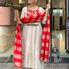 Women’s Silk Embroidered Flared Kurta Pant & Dupatta Set