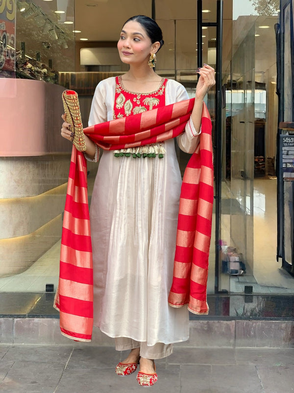 Women’s Silk Embroidered Flared Kurta Pant & Dupatta Set