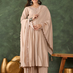 Women's Silk Embroidered Flared Kurta Pant & Chanderi Cotton Dupatta Set