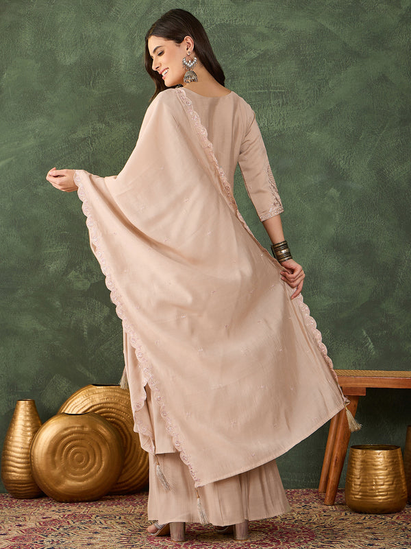 Women's Silk Embroidered Flared Kurta Pant & Chanderi Cotton Dupatta Set