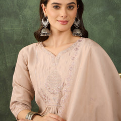 Women's Silk Embroidered Flared Kurta Pant & Chanderi Cotton Dupatta Set