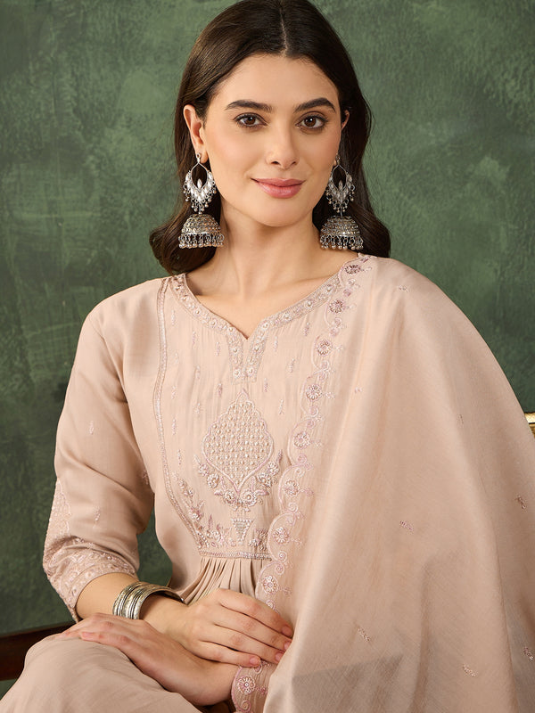 Women's Silk Embroidered Flared Kurta Pant & Chanderi Cotton Dupatta Set